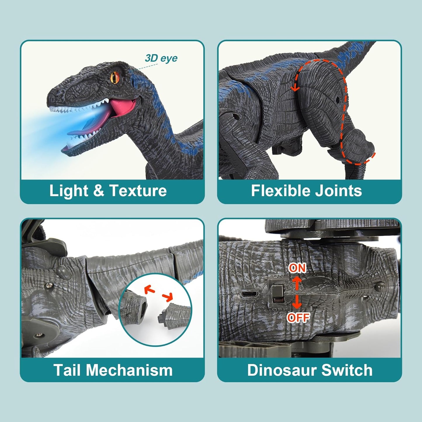 Remote Control Dinosaur Velociraptor with LED Lights and Roaring Sounds, Realistic Walking, Safe for Ages 3+
