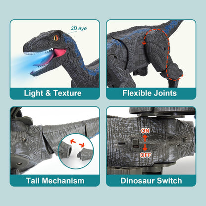 Remote Control Dinosaur Velociraptor with LED Lights and Roaring Sounds, Realistic Walking, Safe for Ages 3+