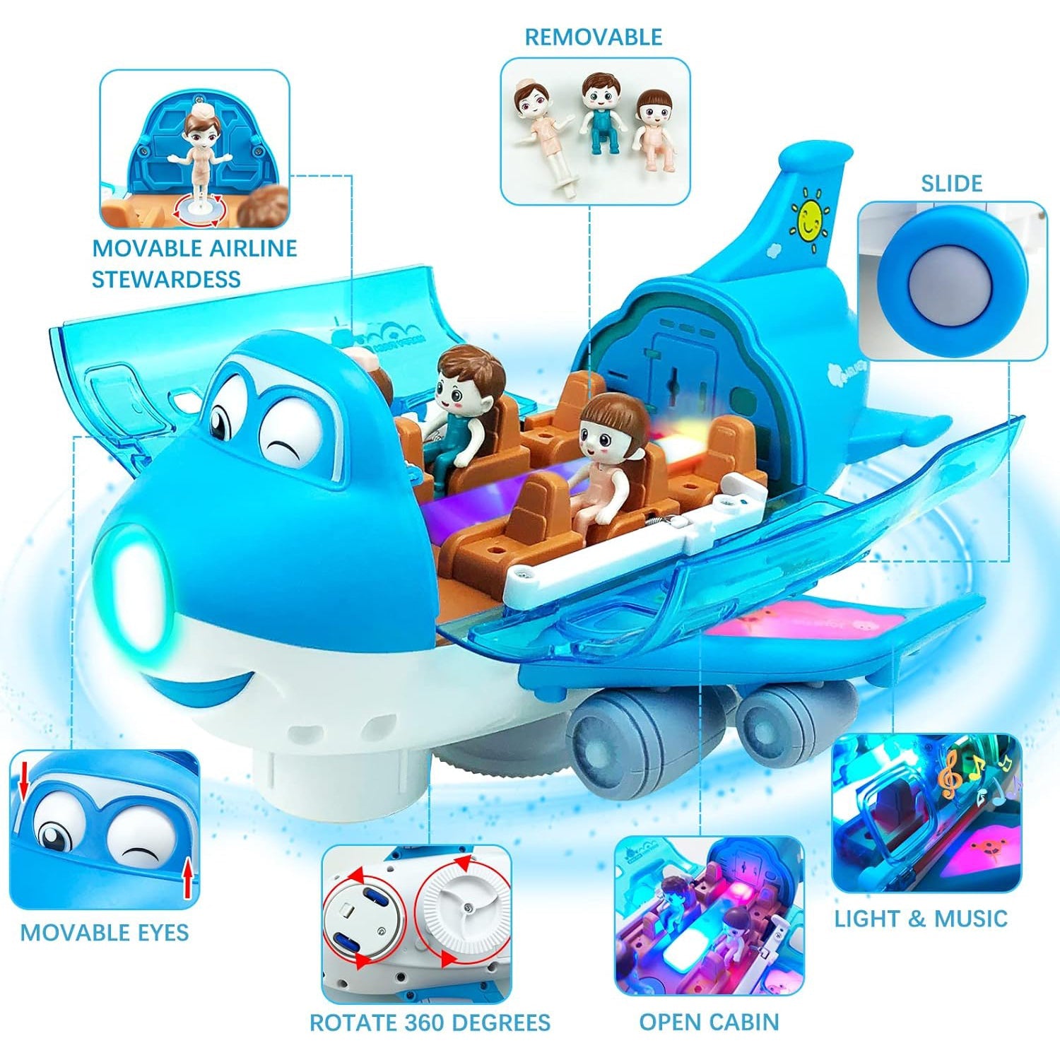 360° Rotating Electric Airplane Toy with Lights and Music, Smart Direction Change, Safe for Ages 3+