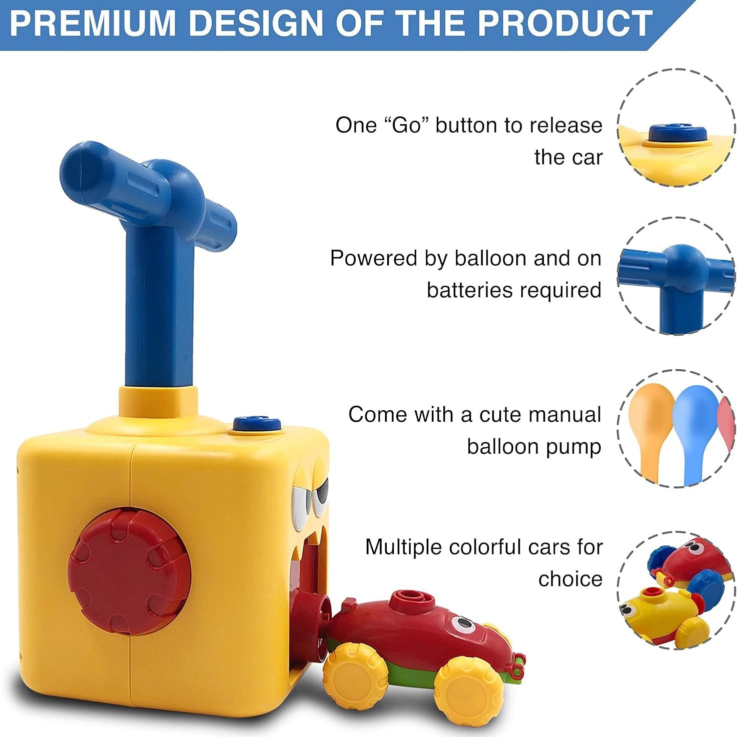 STEM Balloon Car Toy Set with Launcher and Rocket, No Batteries, Safe for Age 3+