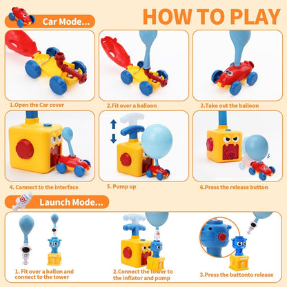 STEM Balloon Car Toy Set with Launcher and Rocket, No Batteries, Safe for Age 3+