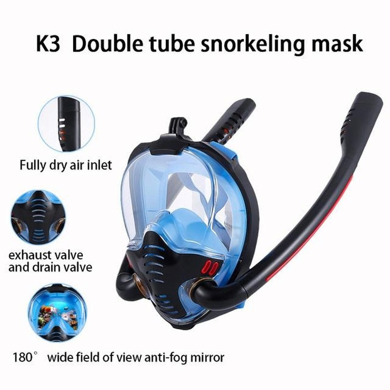 Silicone Full Dry Diving Mask with Double Air Tubes