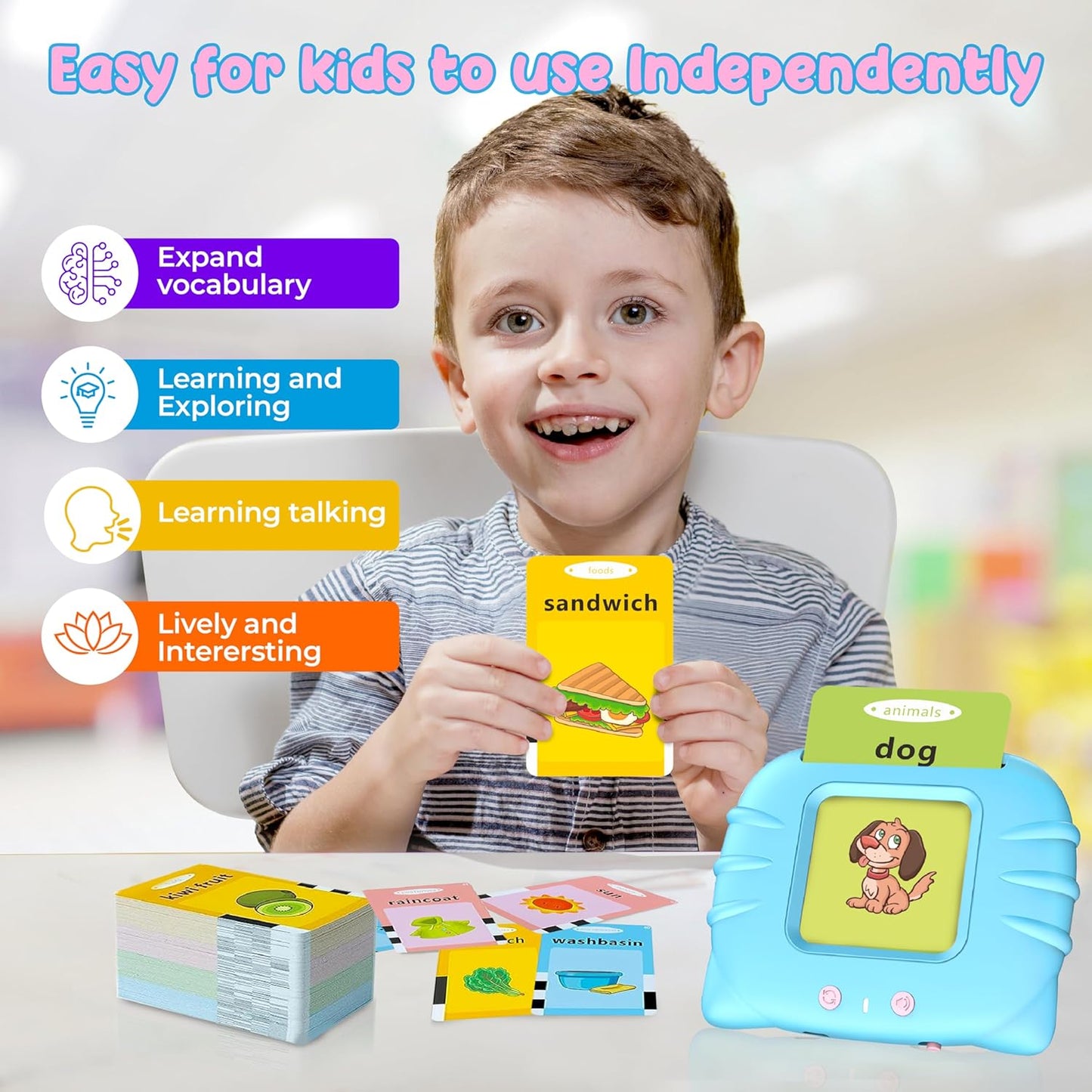 Talking Flash Cards with Pictures and Sounds, 224 English Words, Safe for Ages 3+