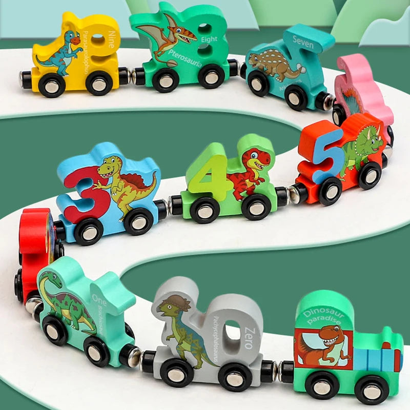 Train Number Wooden with Dinosaur Design, Magnetic Connect, Montessori Learning, Safe For Ages 4+