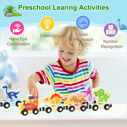 Train Number Wooden with Dinosaur Design, Magnetic Connect, Montessori Learning, Safe For Ages 4+