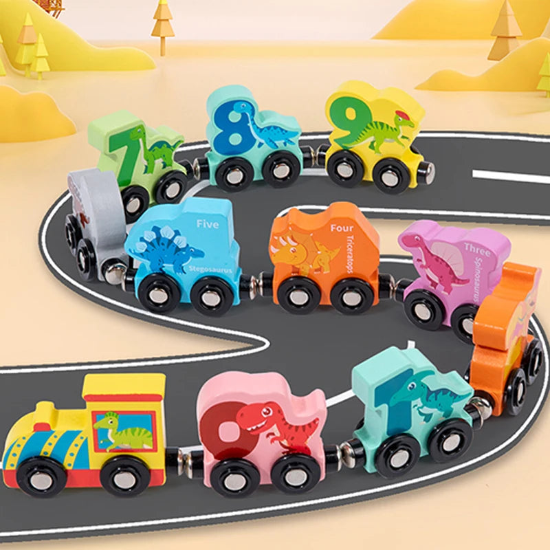 Train Number Wooden with Dinosaur Design, Magnetic Connect, Montessori Learning, Safe For Ages 4+