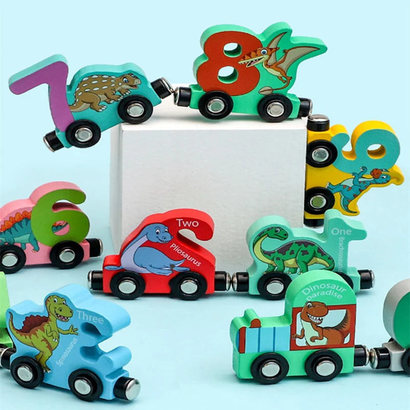 Train Number Wooden with Dinosaur Design, Magnetic Connect, Montessori Learning, Safe For Ages 4+