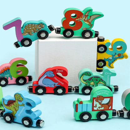 Train Number Wooden with Dinosaur Design, Magnetic Connect, Montessori Learning, Safe For Ages 4+