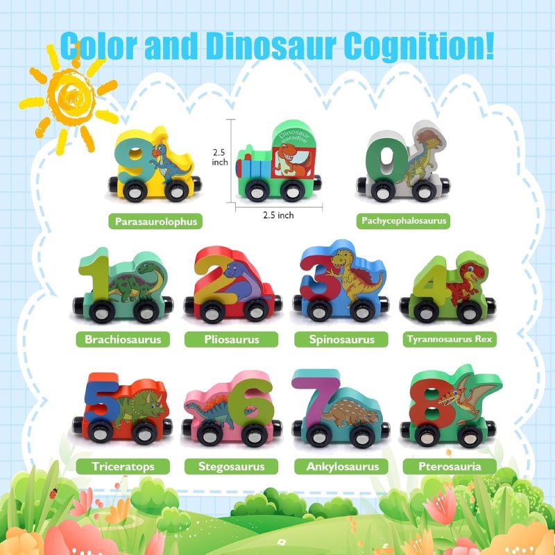 Train Number Wooden with Dinosaur Design, Magnetic Connect, Montessori Learning, Safe For Ages 4+