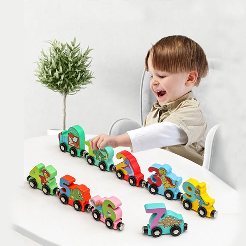 Train Number Wooden with Dinosaur Design, Magnetic Connect, Montessori Learning, Safe For Ages 4+