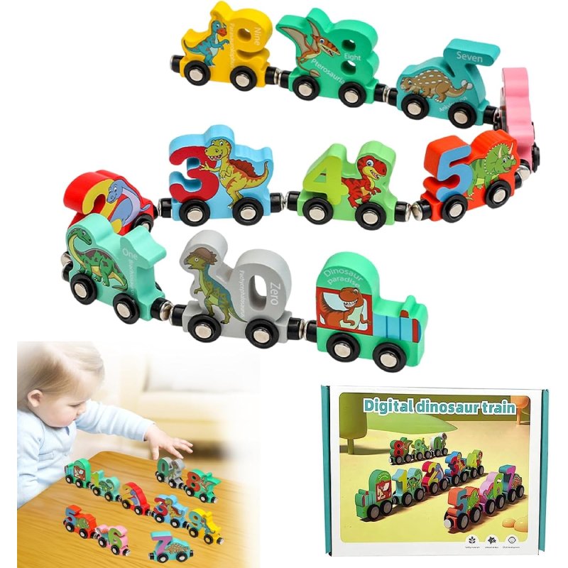 Train Number Wooden with Dinosaur Design, Magnetic Connect, Montessori Learning, Safe For Ages 4+