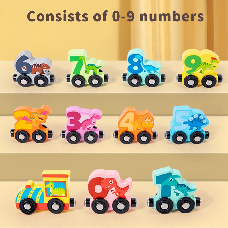 Train Number Wooden with Dinosaur Design, Magnetic Connect, Montessori Learning, Safe For Ages 4+