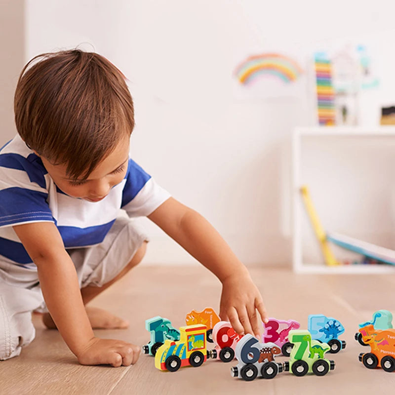 Train Number Wooden with Dinosaur Design, Magnetic Connect, Montessori Learning, Safe For Ages 4+