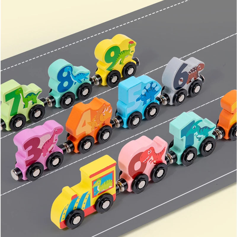 Train Number Wooden with Dinosaur Design, Magnetic Connect, Montessori Learning, Safe For Ages 4+