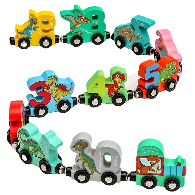 Train Number Wooden with Dinosaur Design, Magnetic Connect, Montessori Learning, Safe For Ages 4+