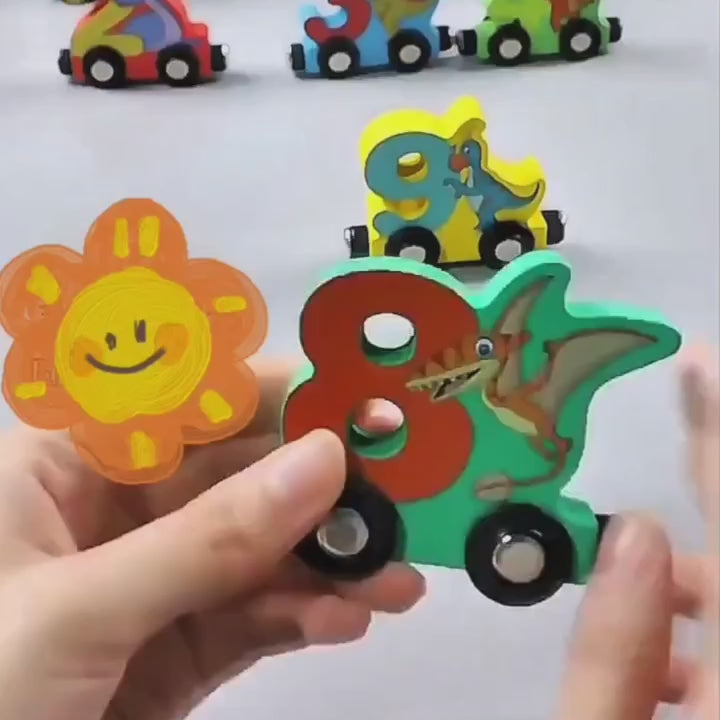 Train Number Wooden with Dinosaur Design, Magnetic Connect, Montessori Learning, Safe For Ages 4+